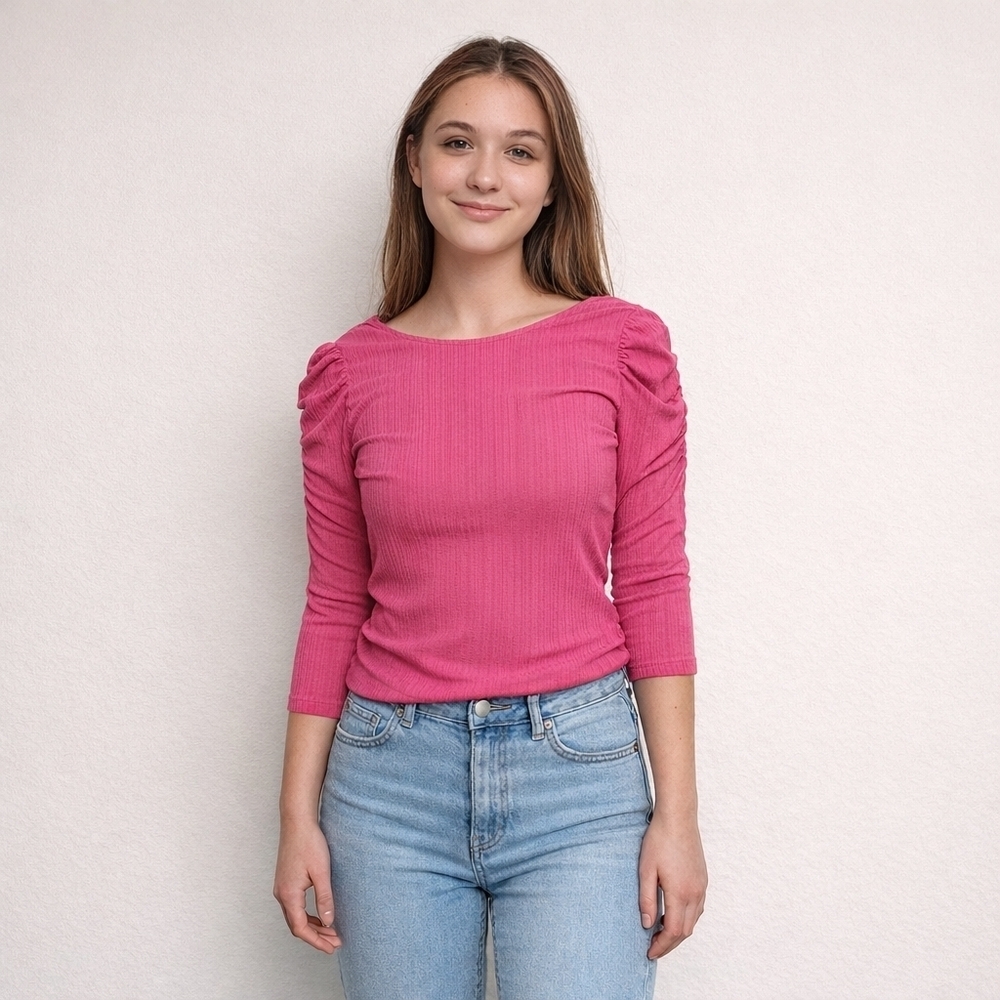 W5 Anthropologie pink ribbed blouse statement sleeves stretchy size large